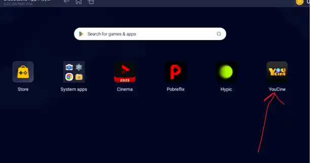 Aplicativo YouCine instalado e pronto para abrir no BlueStacks