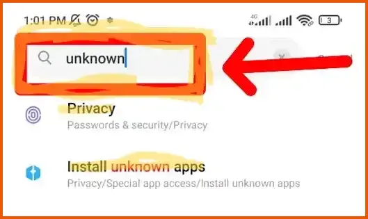 Passo 2: pesquisar instalar apps desconhecidos no campo de busca
