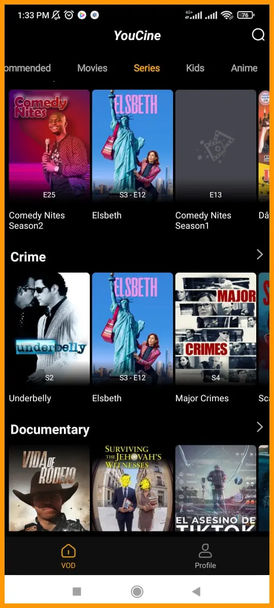 Tela de series no aplicativo YouCine