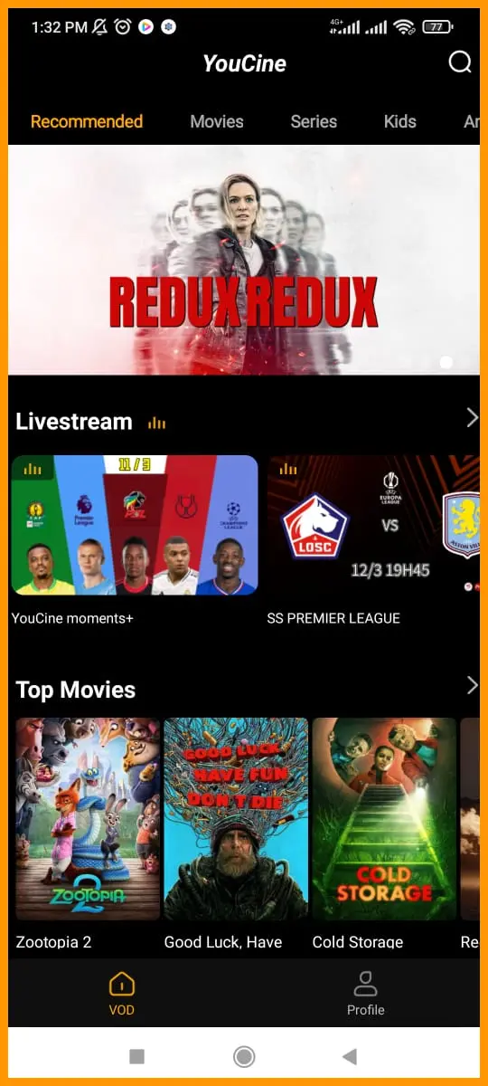 Tela recomendada do aplicativo YouCine no Android
