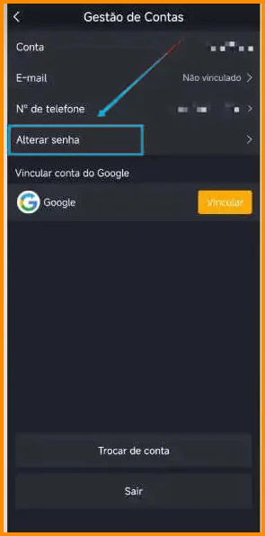 Tela de gestao de contas do YouCine com a opcao Alterar senha destacada