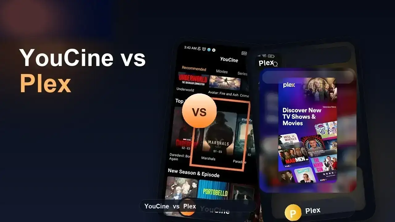 Comparativo visual YouCine versus Plex no contexto oficial versus APK de terceiros