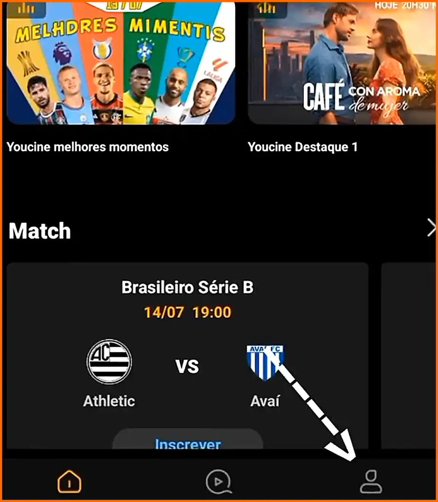 Tela mostrando o caminho para abrir o perfil no YouCine