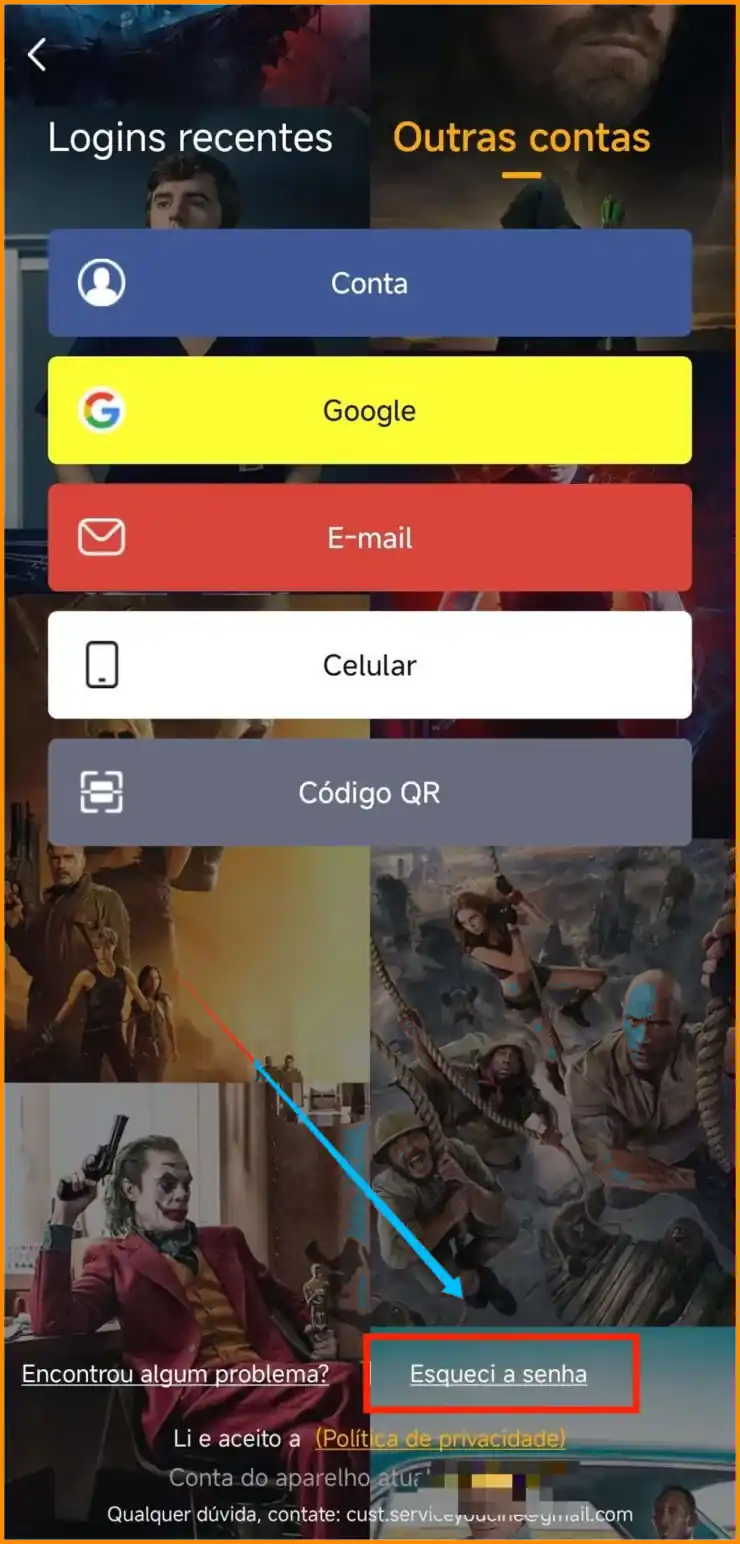 Tela de login do YouCine com a opcao Esqueci a senha destacada