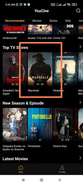 Tela inicial do YouCine com a serie Marshals selecionada para abrir a pagina do titulo