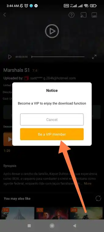 Aviso do YouCine informando que e preciso ser membro VIP para usar o download