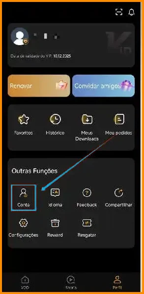 Tela de perfil do YouCine com a opcao Conta destacada