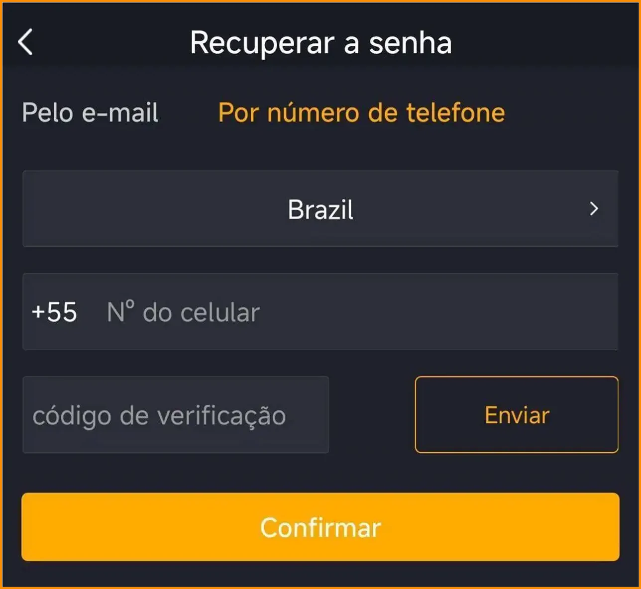 Tela do YouCine para recuperar senha por numero de telefone