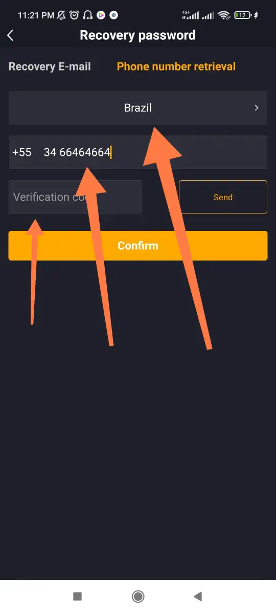Tela do YouCine para recuperar senha por telefone com pais, numero e codigo de verificacao