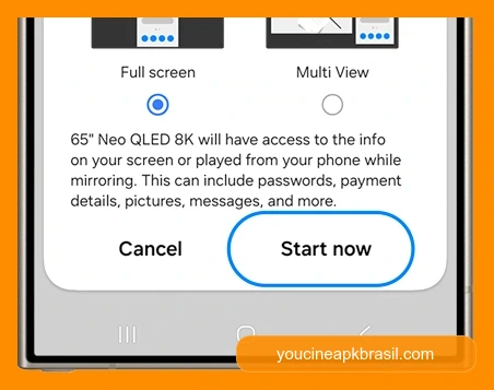 Como Espelhar o YouCine do Celular para a TV 3 Confirmacao Iniciar agora no Smart View para espelhar o YouCine na TV