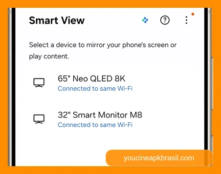 Como Espelhar o YouCine do Celular para a TV 2 Lista de TVs no Smart View do Samsung Galaxy antes de espelhar o YouCine